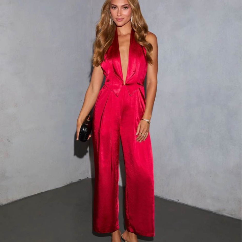Elegant Red Halter Jumpsuit